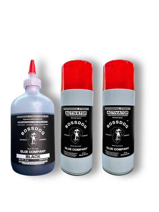 Professional Strength BLACK (MEDIUM) Super Glue 16 fl oz + TWO 10 fl oz ACTIVATORS Bundle