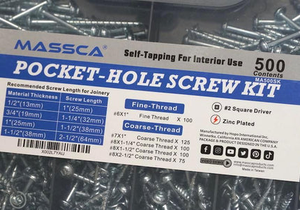 Massca Pocket-Hole Screw Kit 500 Units | Self-Tapping Zinc Plated
