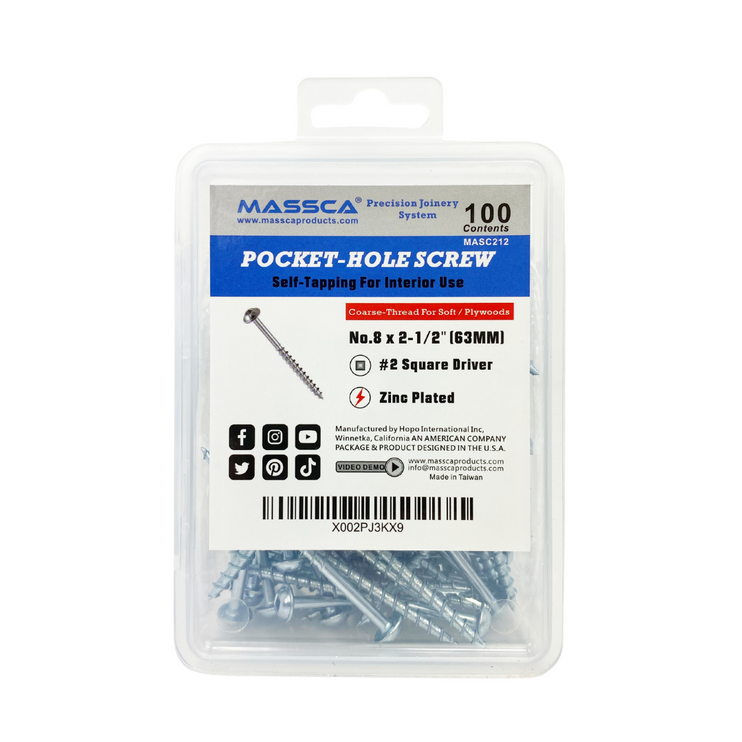 2-1/2'' Coarse Thread #8 Zinc Pocket Hole Screws - 100 Screws